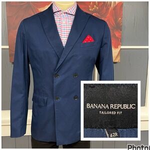 Banana Republic Double Breasted Blazer Mens 46R Slim Cotton Linen Working Cuffs